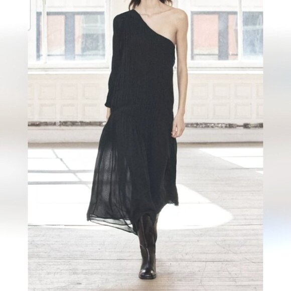 ZARA Black Chiffon One Shoulder Pleated Gathered Midi Maxi Dress Small - Picture 1 of 3